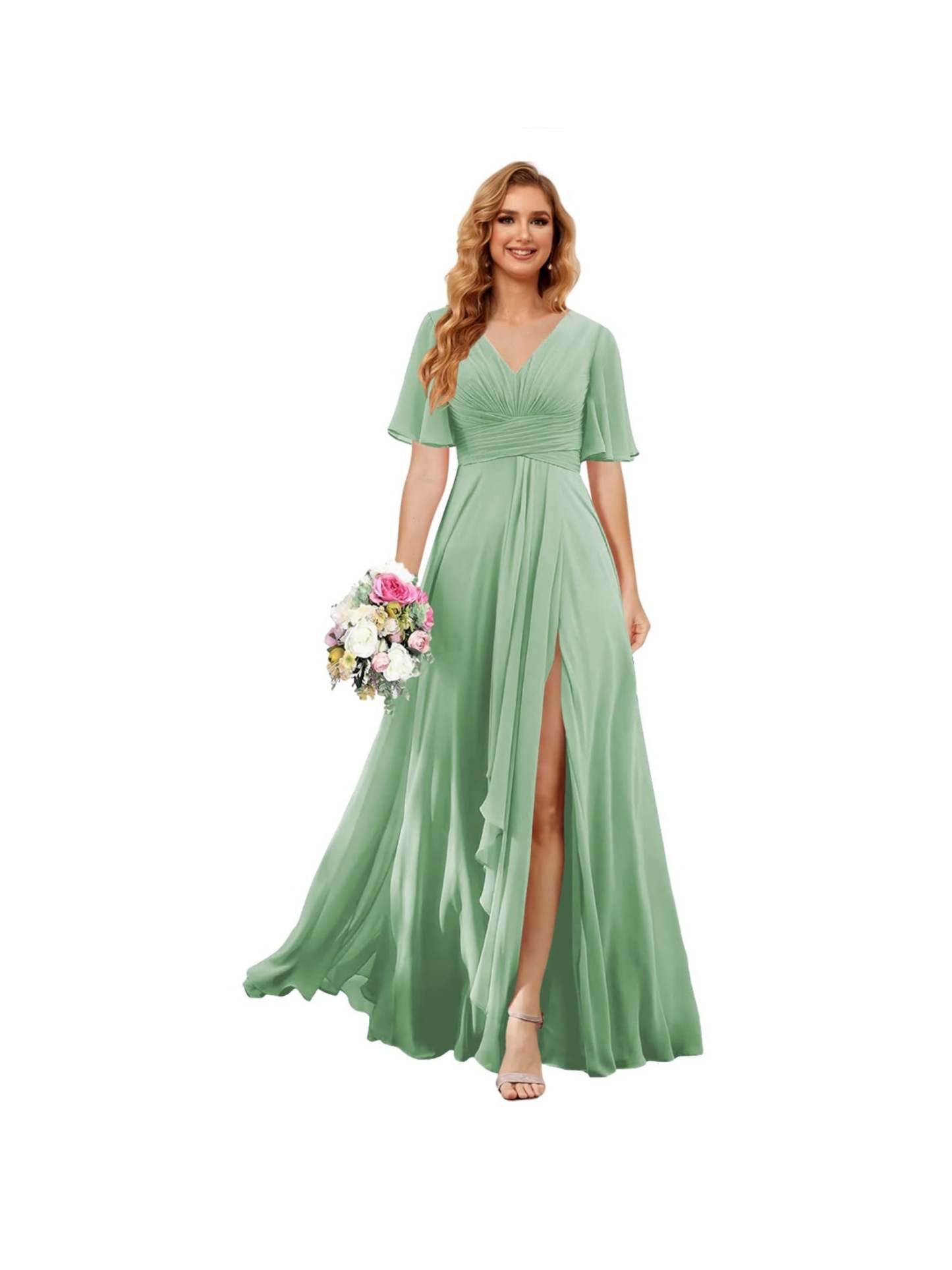 Princess A-line V-neck chiffon bridesmaid dress with slit short sleeves and floor-length