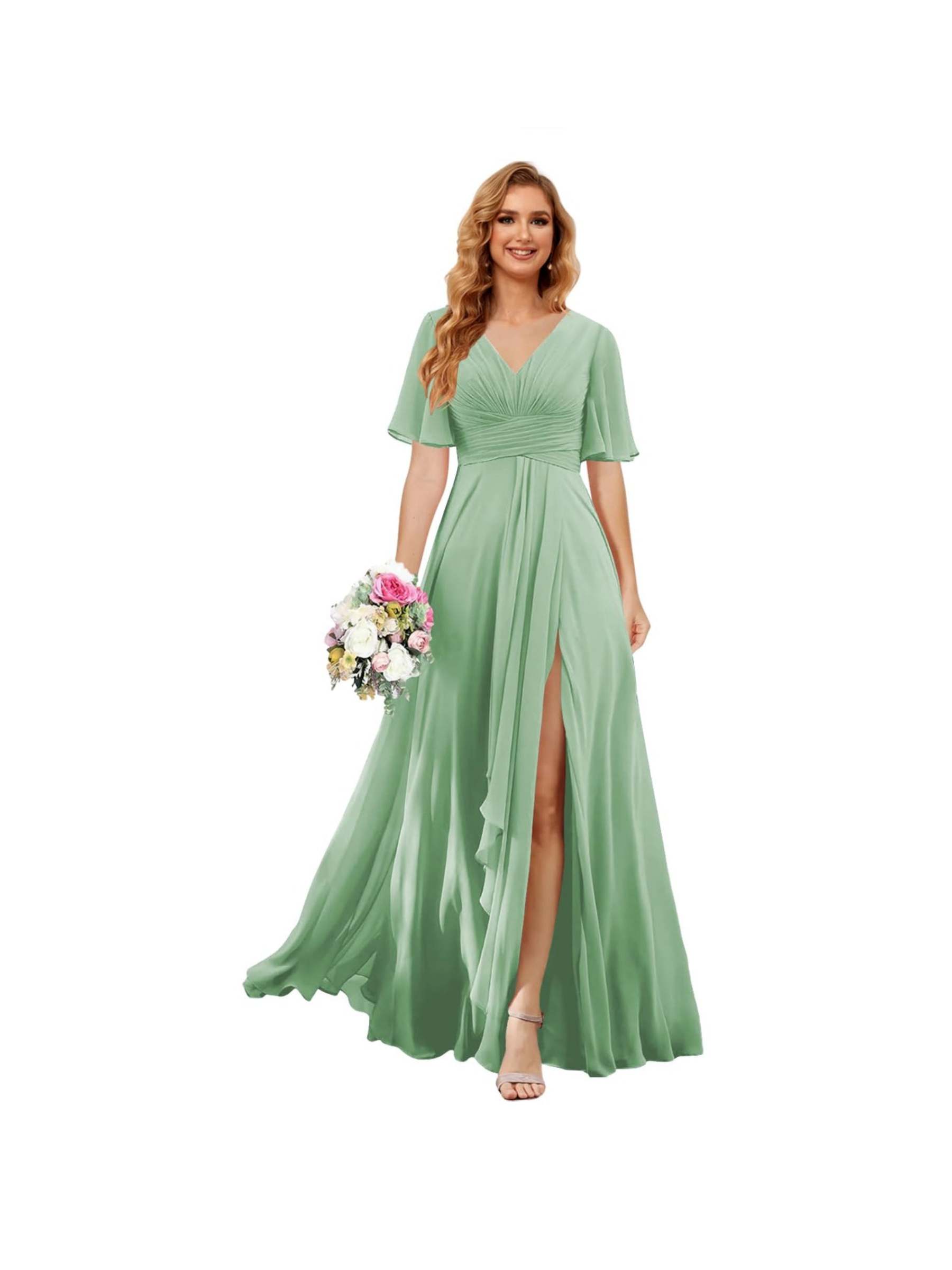 Princess A-line V-neck chiffon bridesmaid dress with slit short sleeves and floor-length