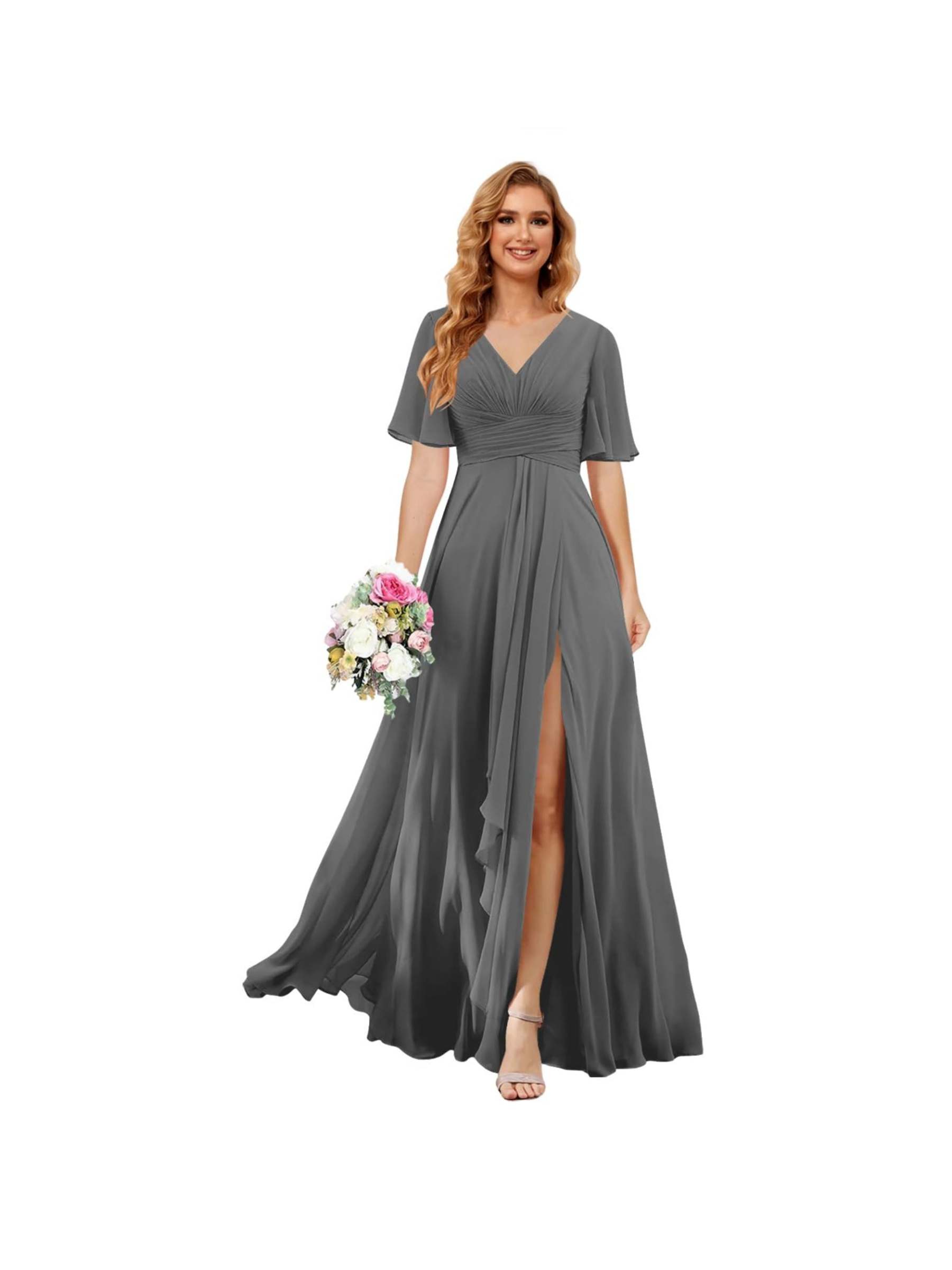 Princess A-line V-neck chiffon bridesmaid dress with slit short sleeves and floor-length