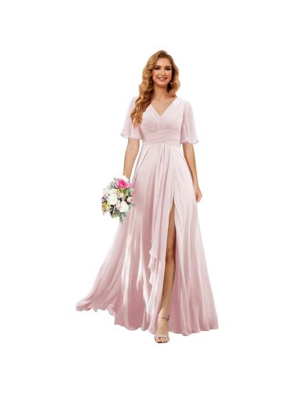 Princess A-line V-neck chiffon bridesmaid dress with slit short sleeves and floor-length