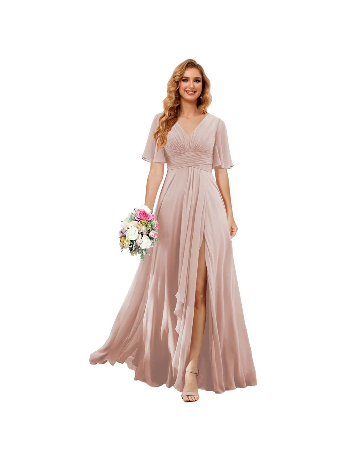 Princess A-line V-neck chiffon bridesmaid dress with slit short sleeves and floor-length