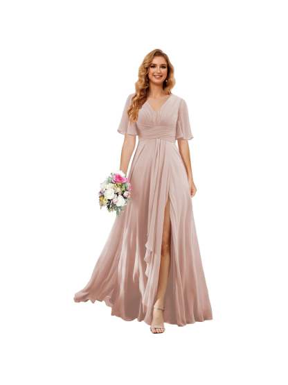 Princess A-line V-neck chiffon bridesmaid dress with slit short sleeves and floor-length