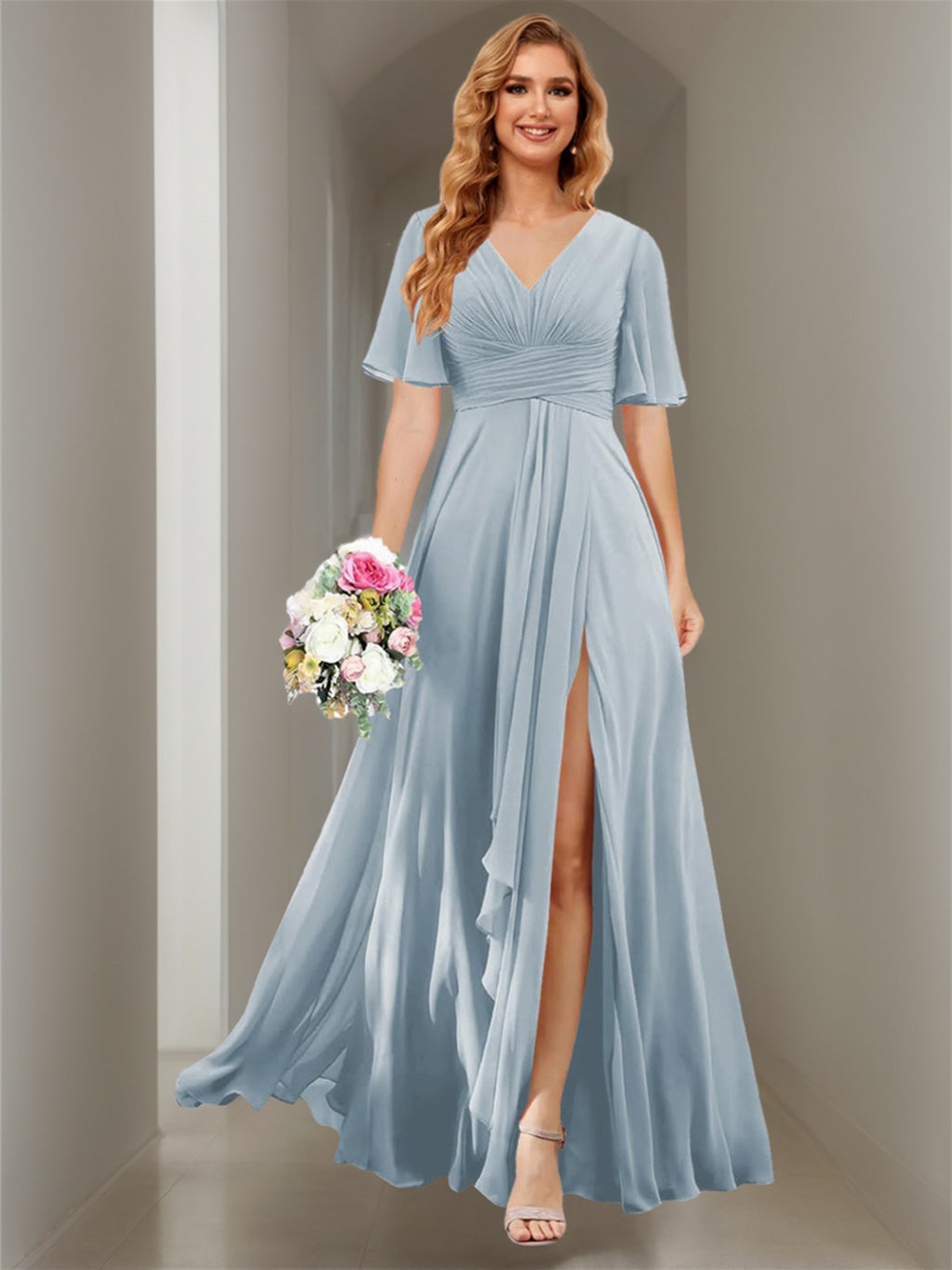 Princess A-line V-neck chiffon bridesmaid dress with slit short sleeves and floor-length