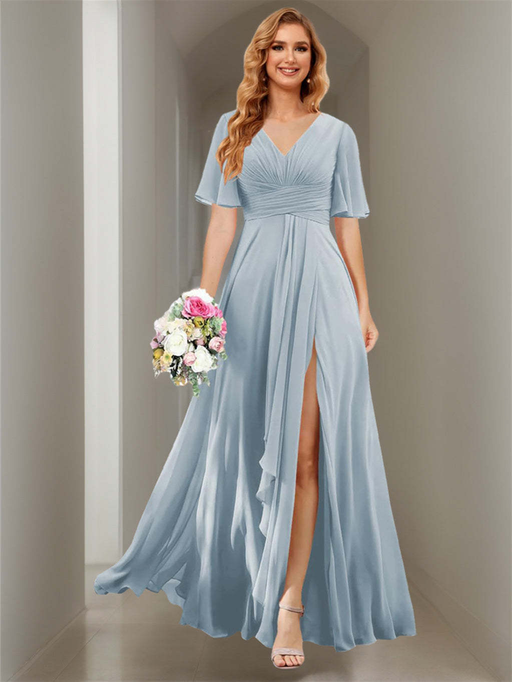 Princess A-line V-neck chiffon bridesmaid dress with slit short sleeves and floor-length