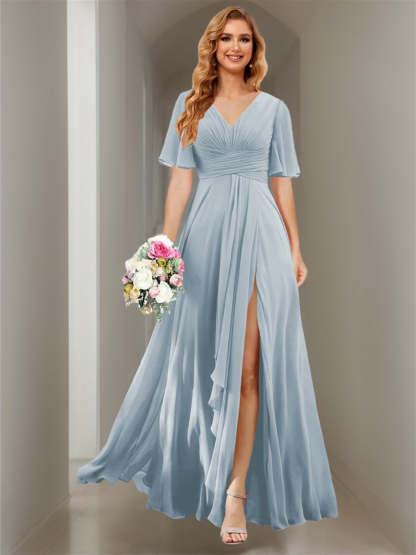 Princess A-line V-neck chiffon bridesmaid dress with slit short sleeves and floor-length