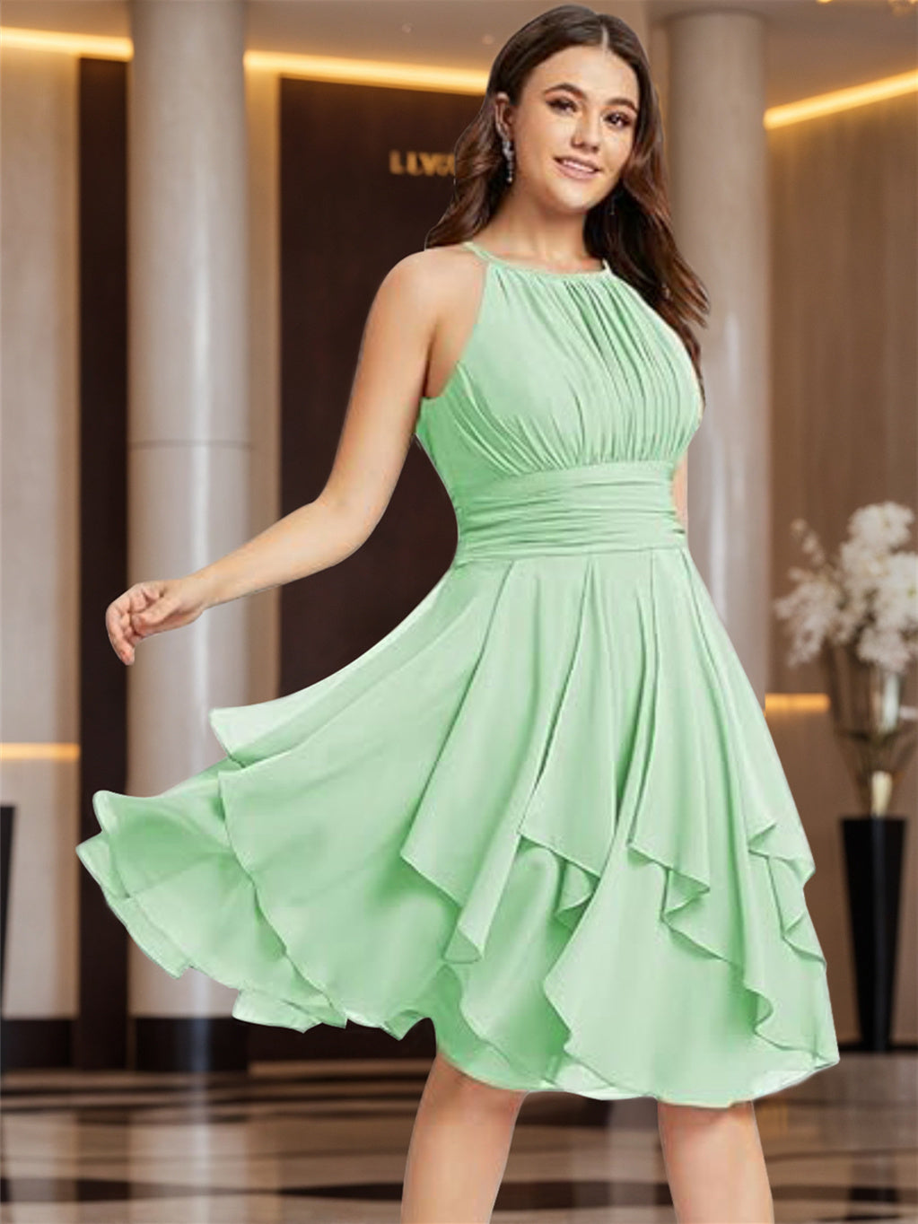 Princess A-Line Halter Mini Bridesmaid Dresses with Chiffon Ruffle and Pleated Pockets