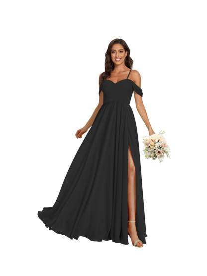 Sweetheart Off-Shoulder Floor-Length Chiffon Bridesmaid Dress with Pockets and Slit
