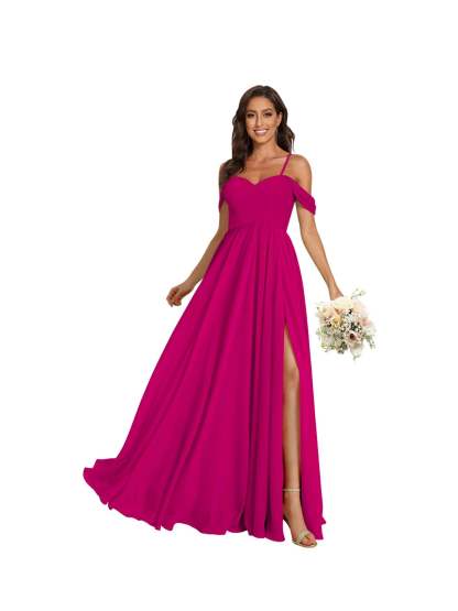 Sweetheart Off-Shoulder Floor-Length Chiffon Bridesmaid Dress with Pockets and Slit