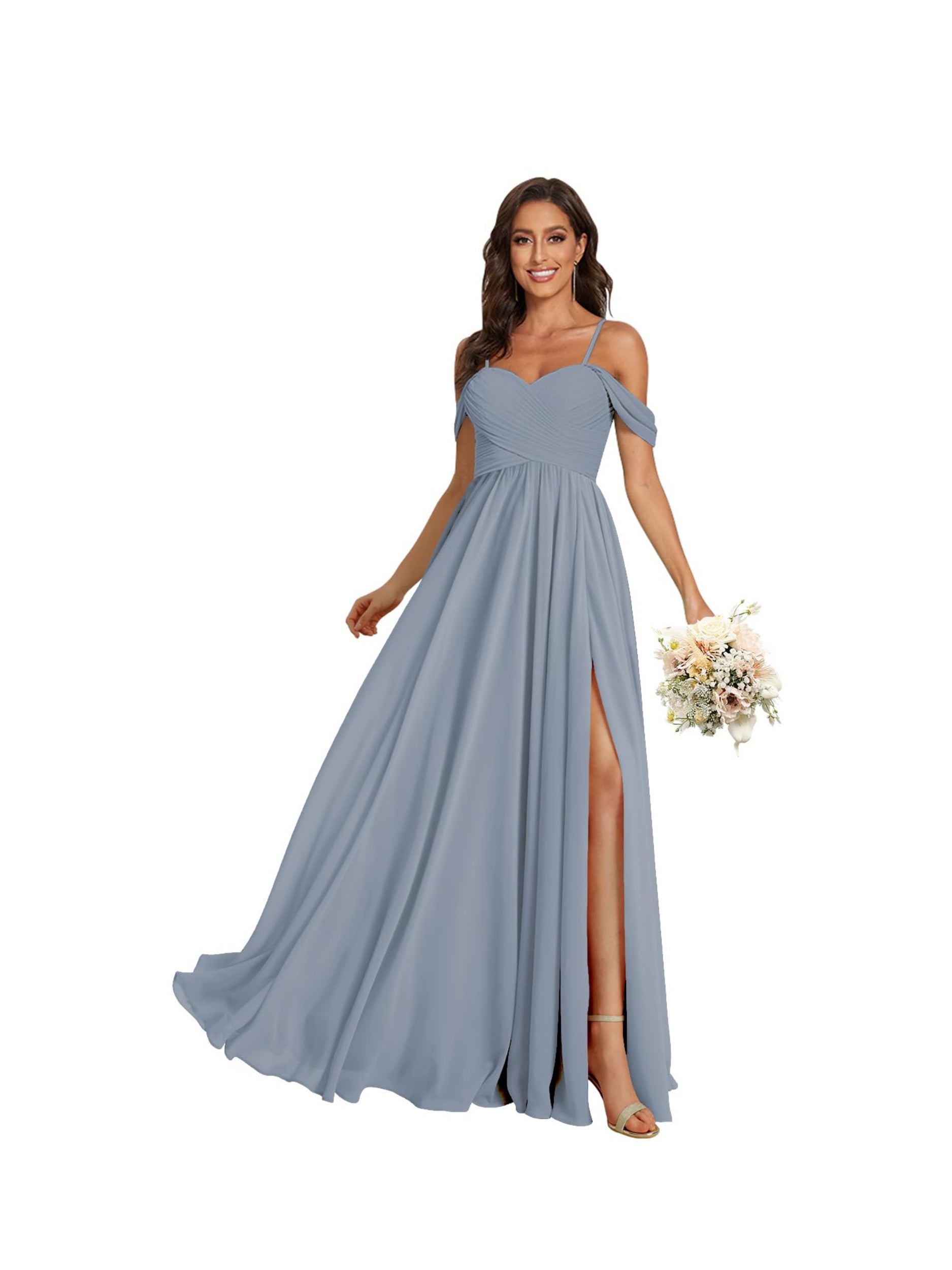 Sweetheart Off-Shoulder Floor-Length Chiffon Bridesmaid Dress with Pockets and Slit
