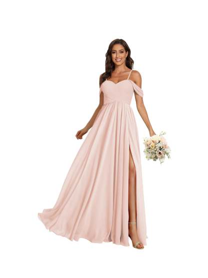 Sweetheart Off-Shoulder Floor-Length Chiffon Bridesmaid Dress with Pockets and Slit