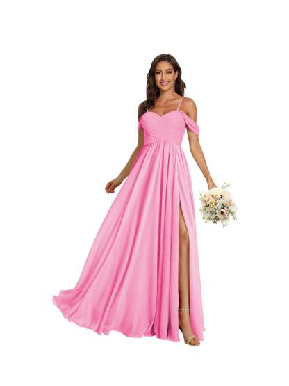 Sweetheart Off-Shoulder Floor-Length Chiffon Bridesmaid Dress with Pockets and Slit
