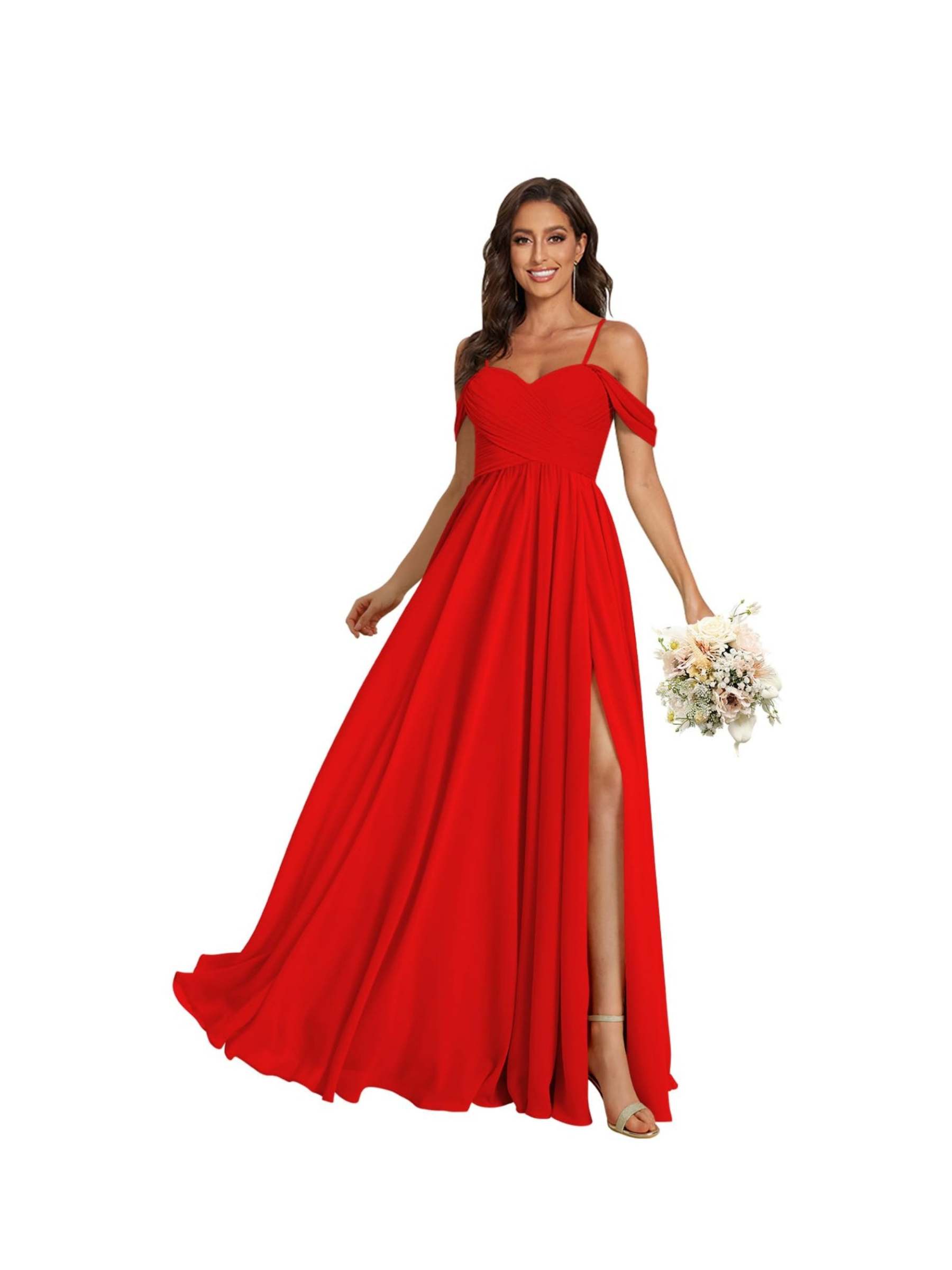 Sweetheart Off-Shoulder Floor-Length Chiffon Bridesmaid Dress with Pockets and Slit