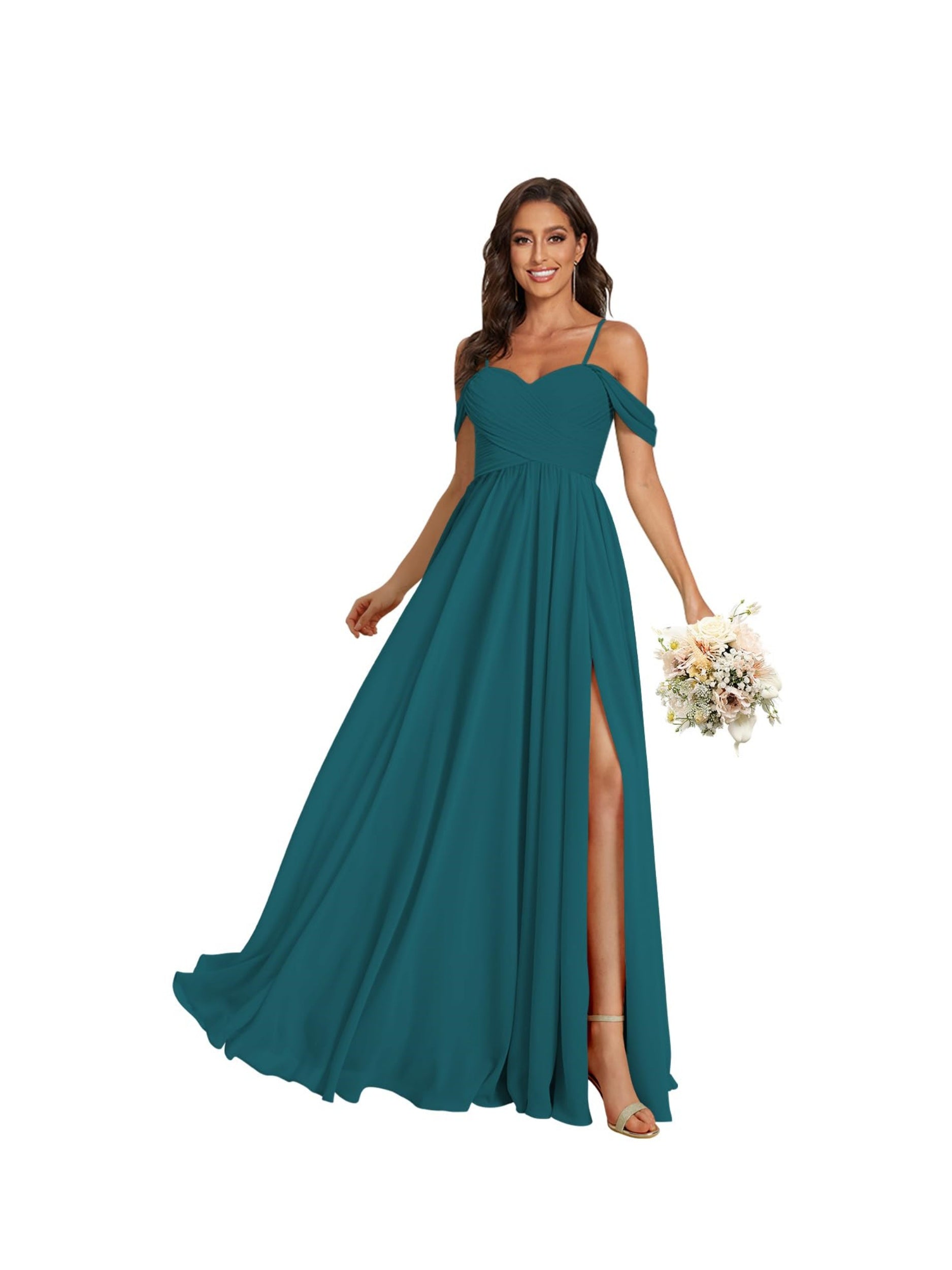 Sweetheart Off-Shoulder Floor-Length Chiffon Bridesmaid Dress with Pockets and Slit