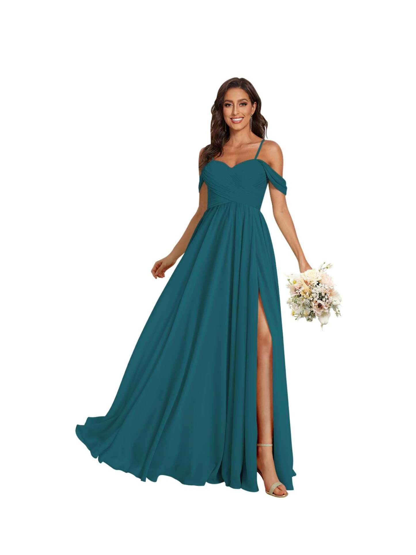 Sweetheart Off-Shoulder Floor-Length Chiffon Bridesmaid Dress with Pockets and Slit