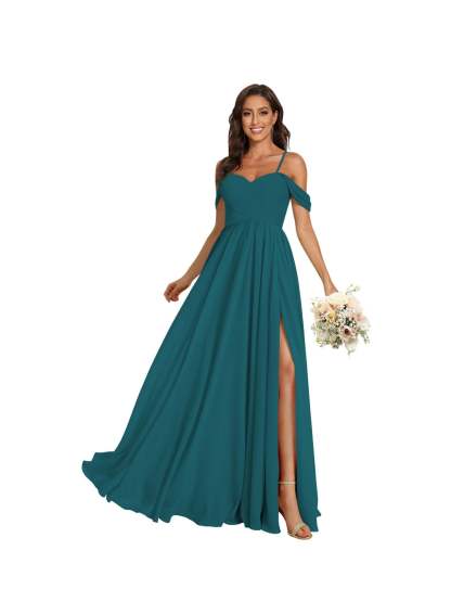 Sweetheart Off-Shoulder Floor-Length Chiffon Bridesmaid Dress with Pockets and Slit