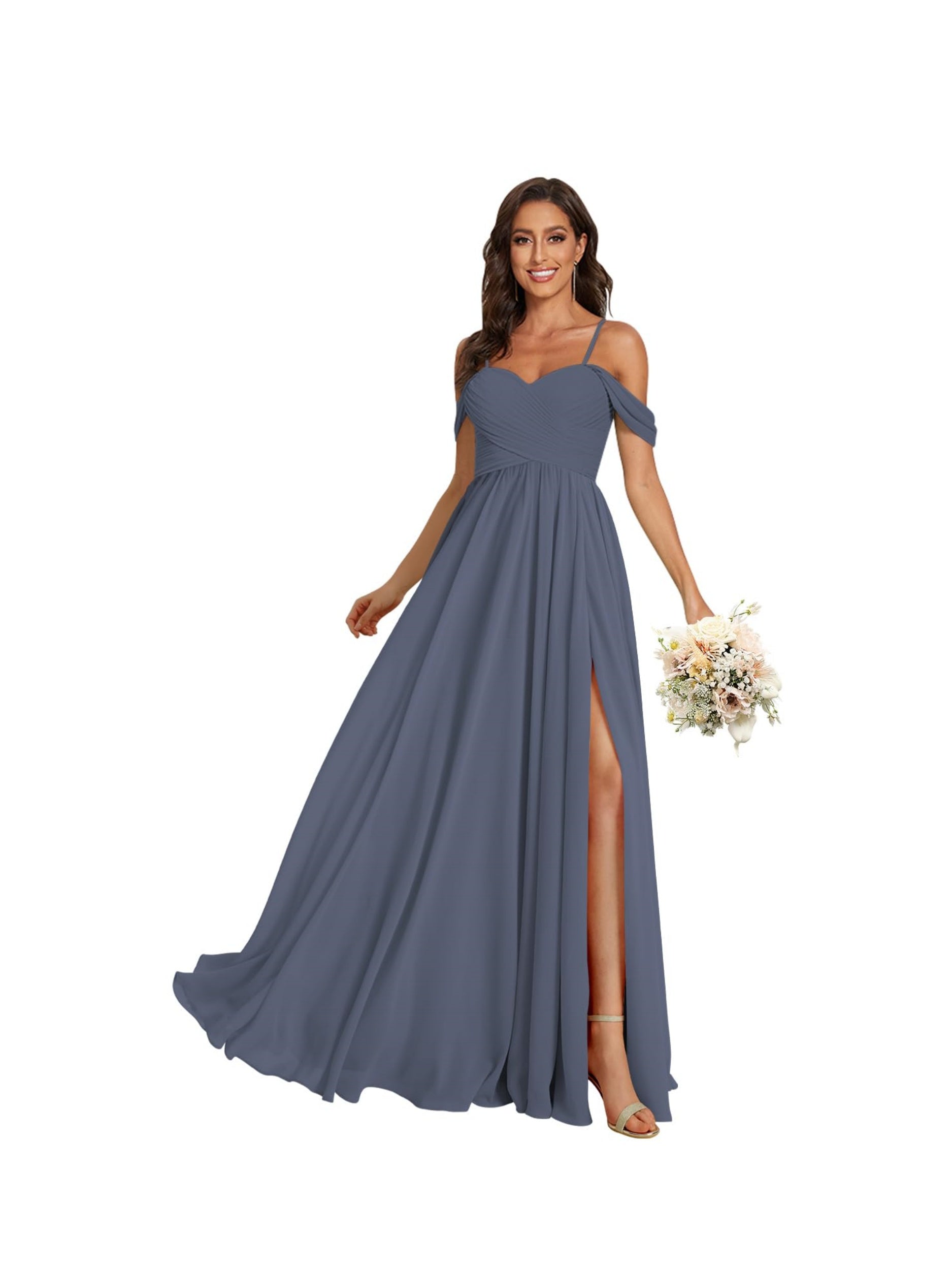 Sweetheart Off-Shoulder Floor-Length Chiffon Bridesmaid Dress with Pockets and Slit
