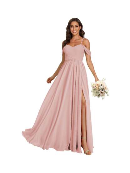 Sweetheart Off-Shoulder Floor-Length Chiffon Bridesmaid Dress with Pockets and Slit