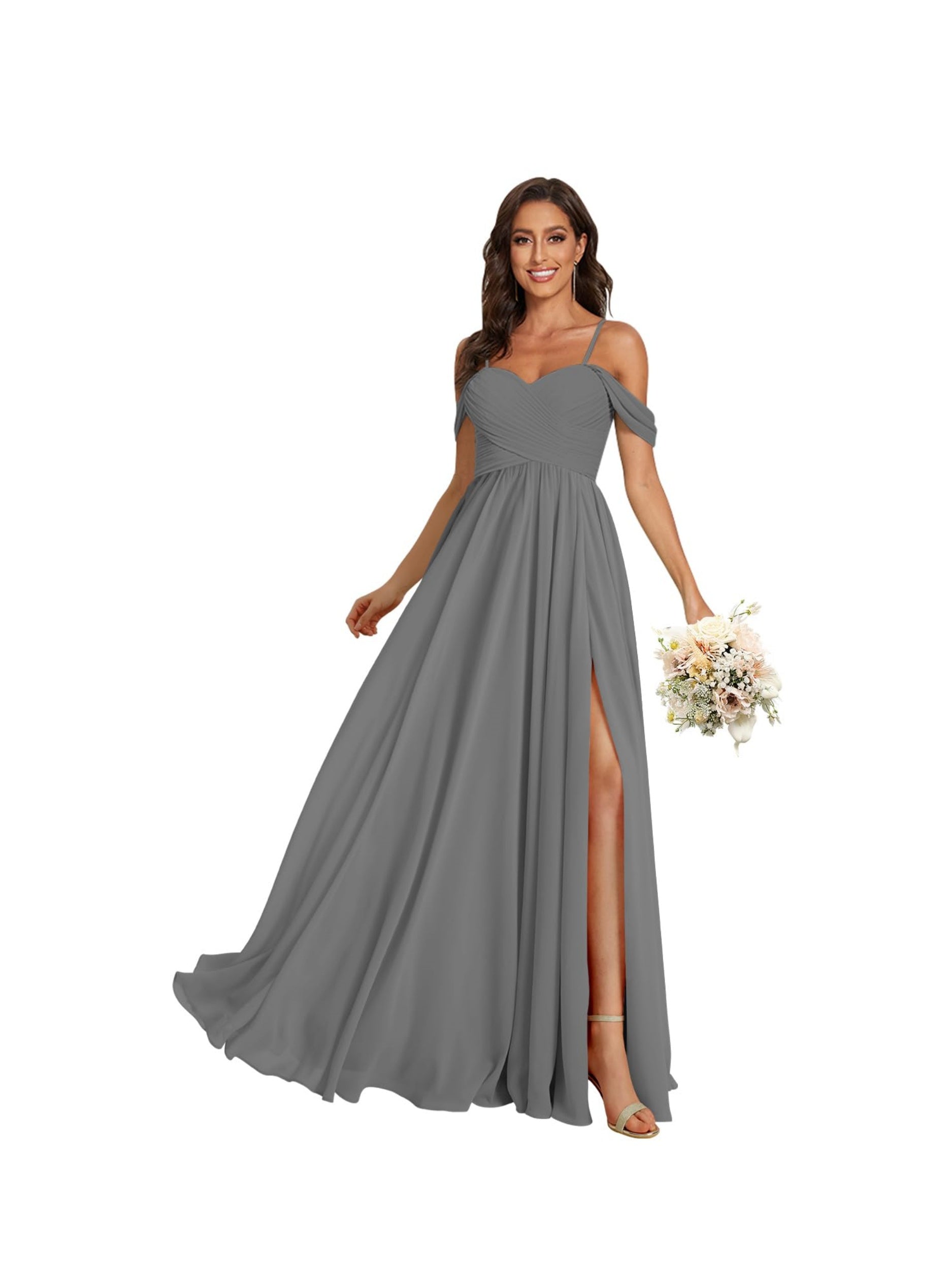 Sweetheart Off-Shoulder Floor-Length Chiffon Bridesmaid Dress with Pockets and Slit