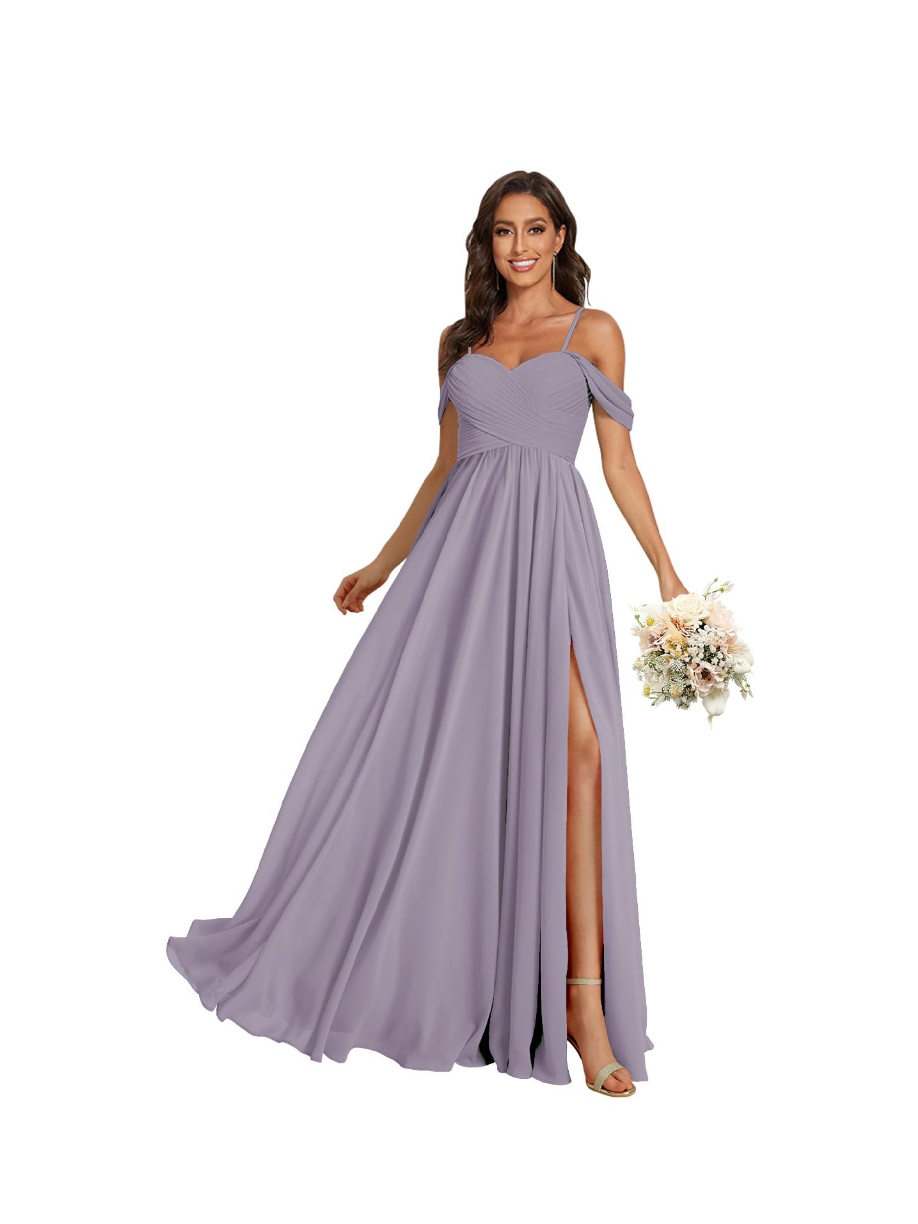 Sweetheart Off-Shoulder Floor-Length Chiffon Bridesmaid Dress with Pockets and Slit