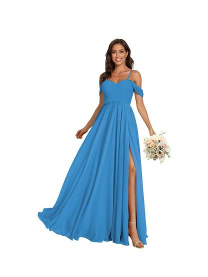 Sweetheart Off-Shoulder Floor-Length Chiffon Bridesmaid Dress with Pockets and Slit