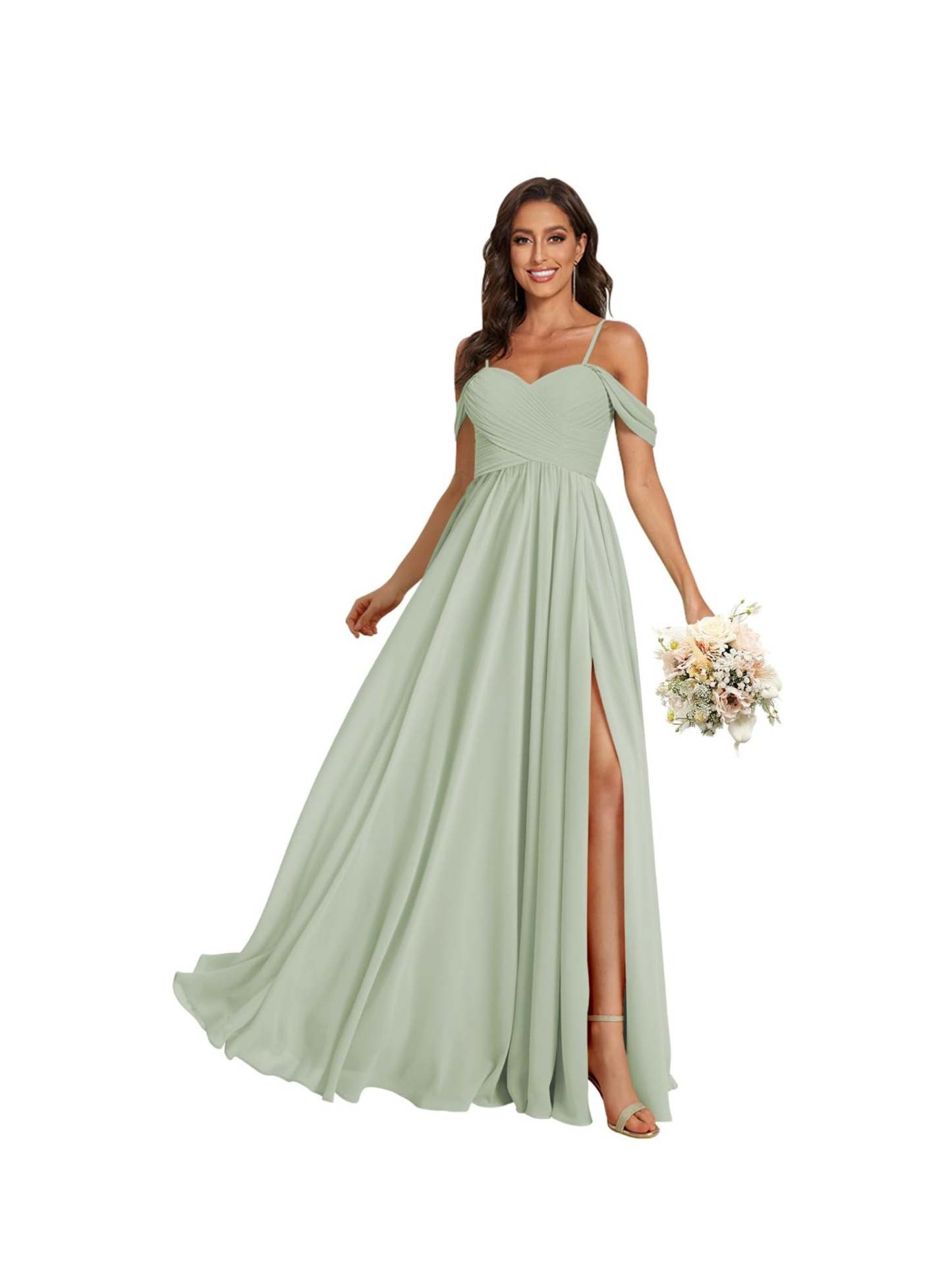 Sweetheart Off-Shoulder Floor-Length Chiffon Bridesmaid Dress with Pockets and Slit