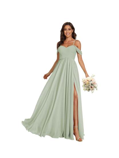 Sweetheart Off-Shoulder Floor-Length Chiffon Bridesmaid Dress with Pockets and Slit