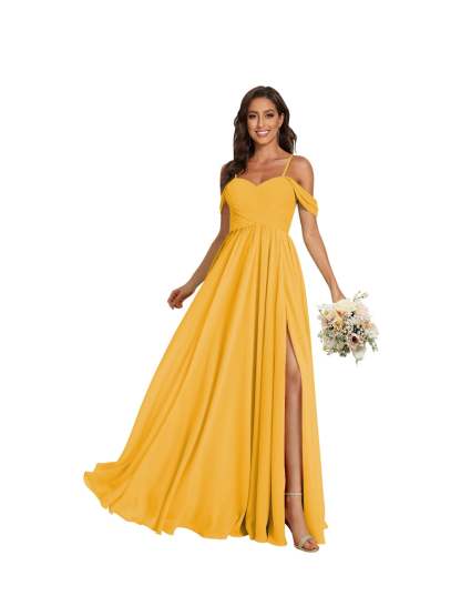 Sweetheart Off-Shoulder Floor-Length Chiffon Bridesmaid Dress with Pockets and Slit