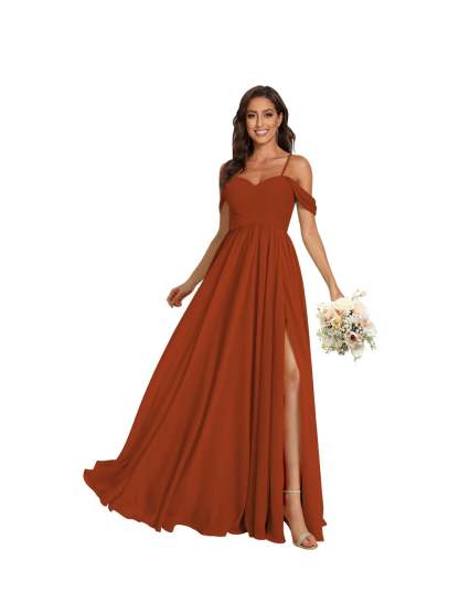 Sweetheart Off-Shoulder Floor-Length Chiffon Bridesmaid Dress with Pockets and Slit