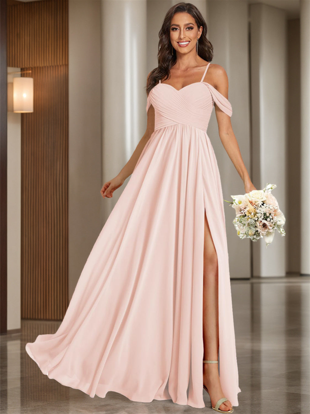 Sweetheart Off-Shoulder Floor-Length Chiffon Bridesmaid Dress with Pockets and Slit