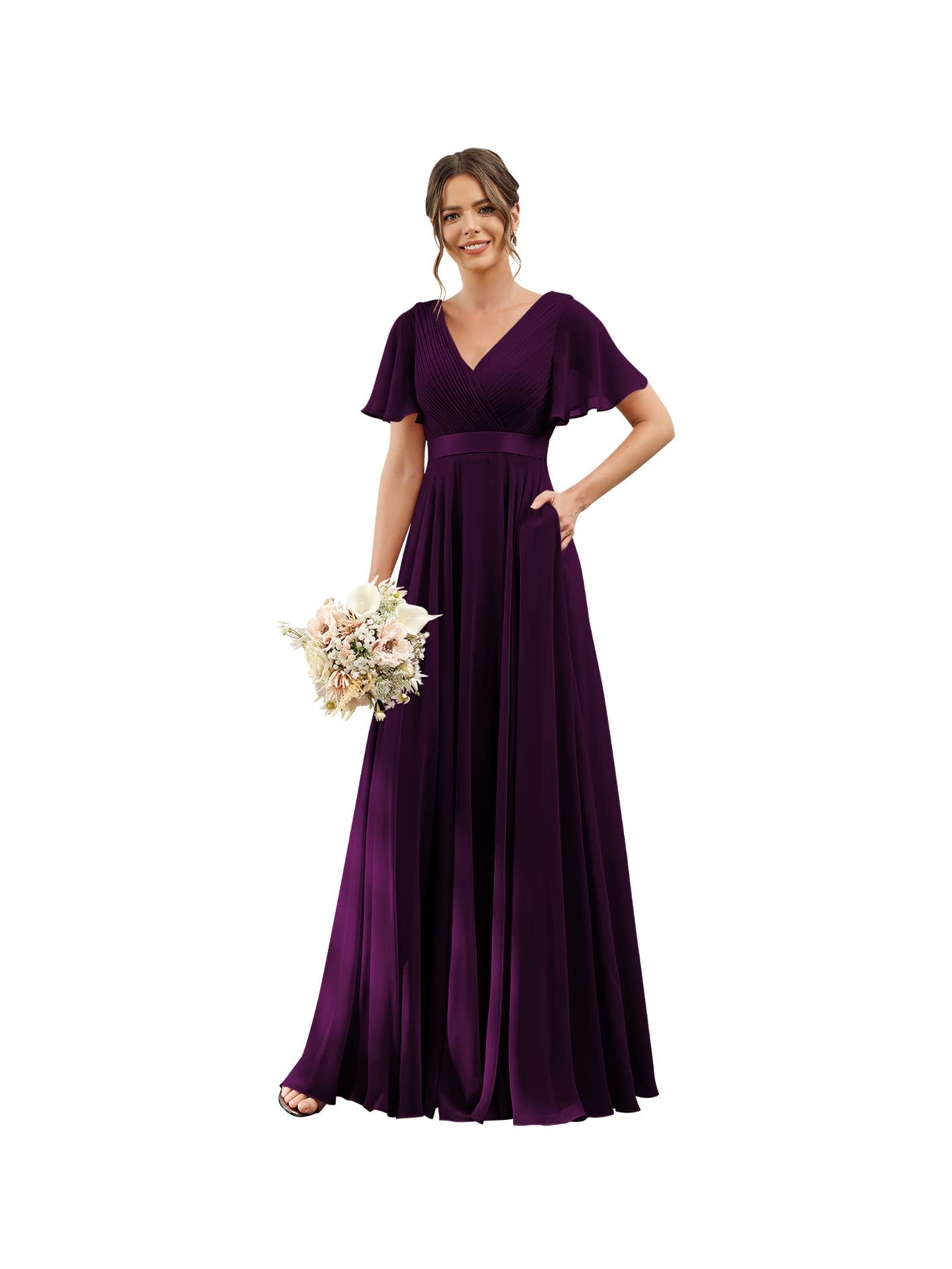 Floor-Length Chiffon Bridesmaid Dresses with V Neck, Flutter Sleeves, and Pockets in A-Line Ruched Design-BMbridal.UK