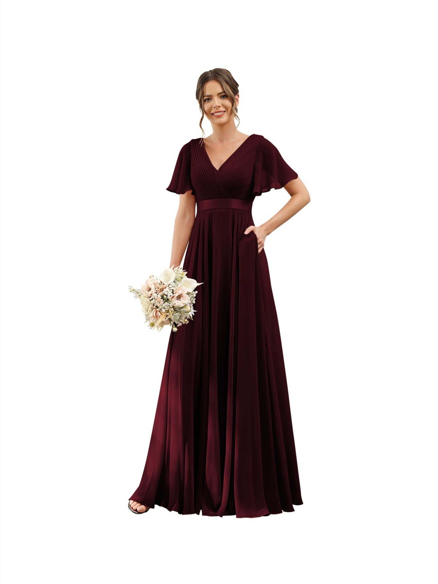 Floor-Length Chiffon Bridesmaid Dresses with V Neck, Flutter Sleeves, and Pockets in A-Line Ruched Design-BMbridal.UK