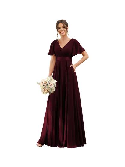 Floor-Length Chiffon Bridesmaid Dresses with V Neck, Flutter Sleeves, and Pockets in A-Line Ruched Design-BMbridal.UK