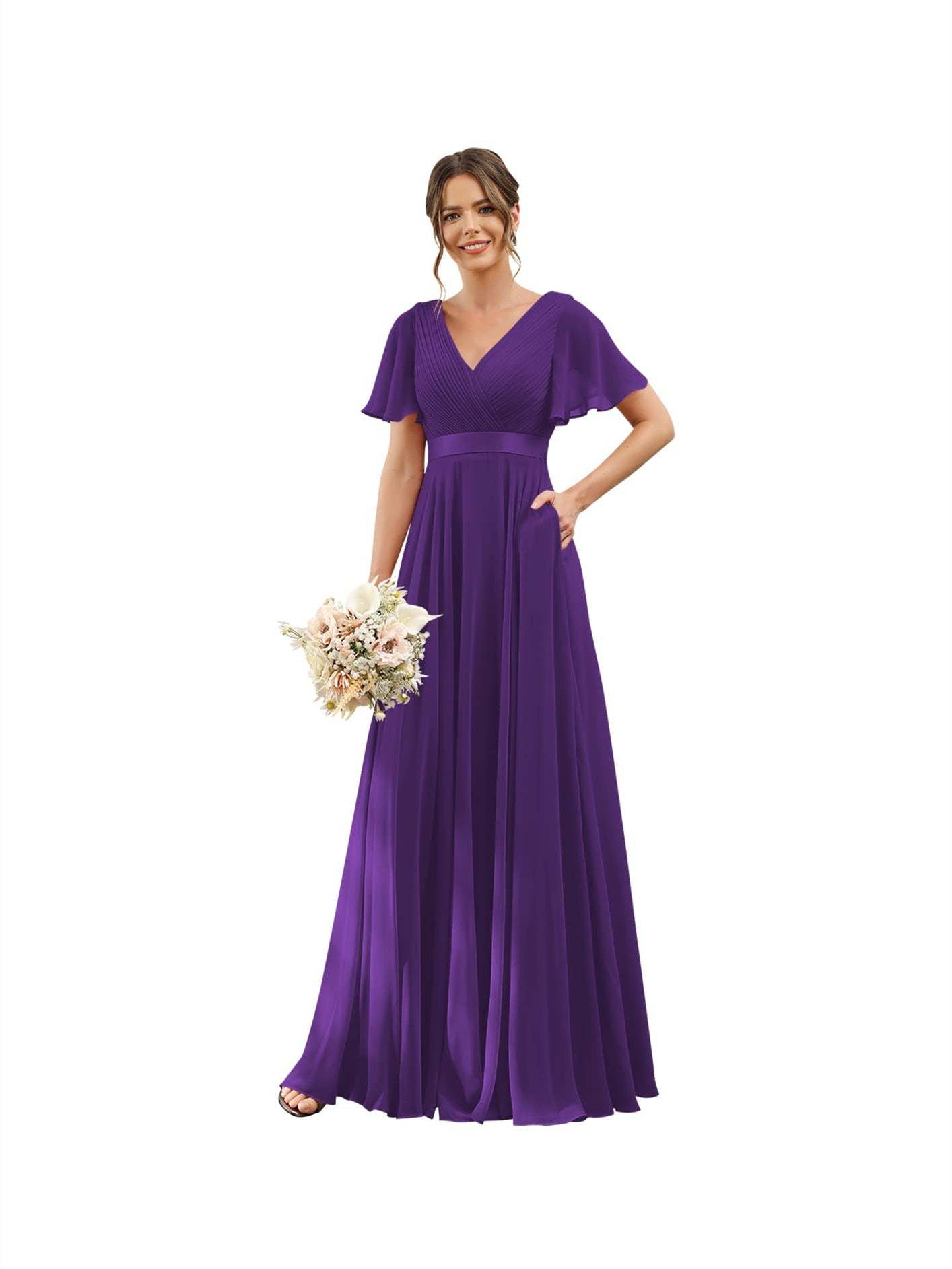 Floor-Length Chiffon Bridesmaid Dresses with V Neck, Flutter Sleeves, and Pockets in A-Line Ruched Design-BMbridal.UK