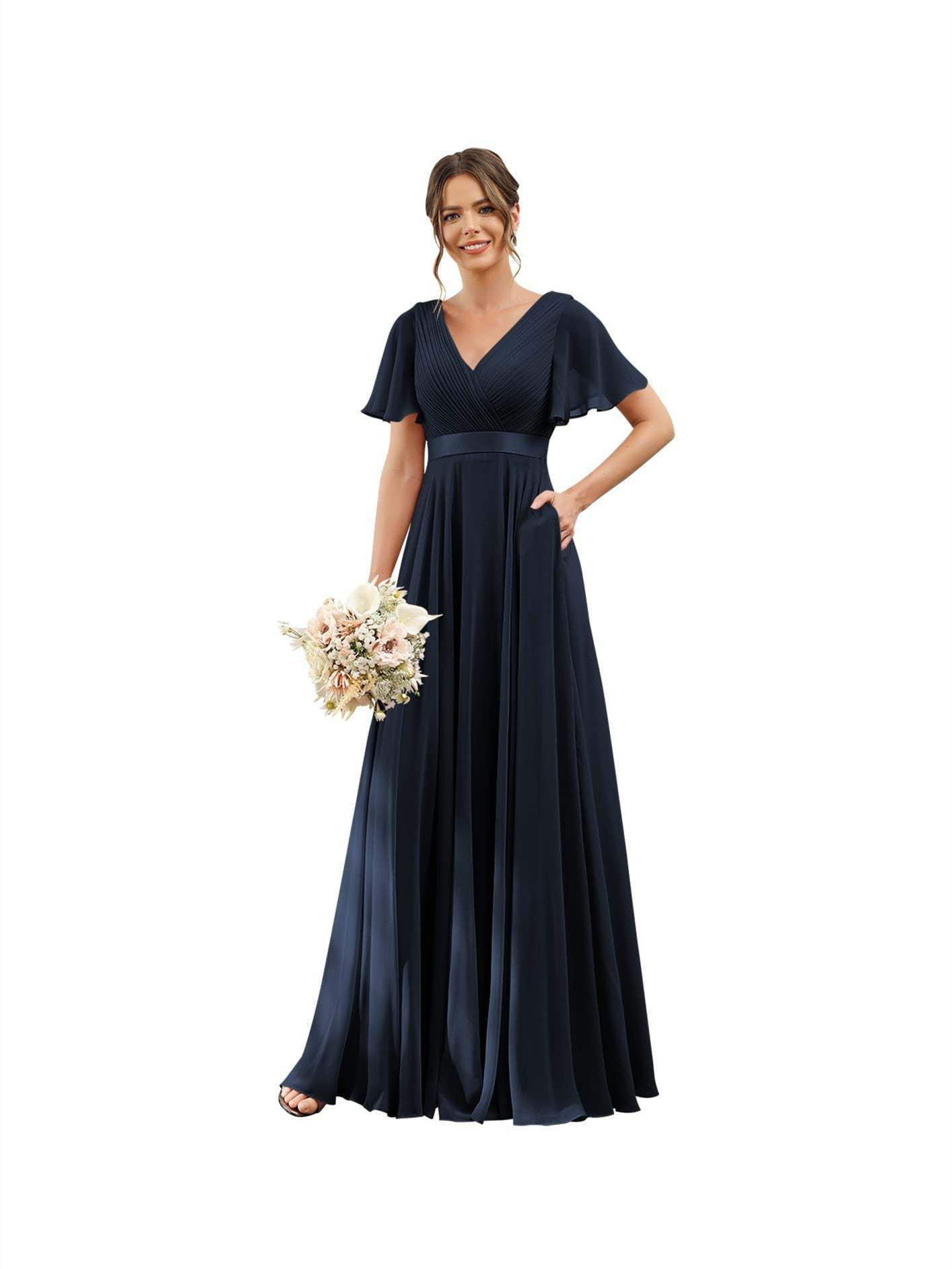 Floor-Length Chiffon Bridesmaid Dresses with V Neck, Flutter Sleeves, and Pockets in A-Line Ruched Design-BMbridal.UK