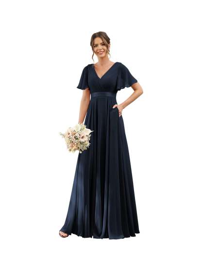 Floor-Length Chiffon Bridesmaid Dresses with V Neck, Flutter Sleeves, and Pockets in A-Line Ruched Design-BMbridal.UK
