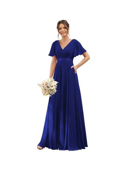 Floor-Length Chiffon Bridesmaid Dresses with V Neck, Flutter Sleeves, and Pockets in A-Line Ruched Design-BMbridal.UK