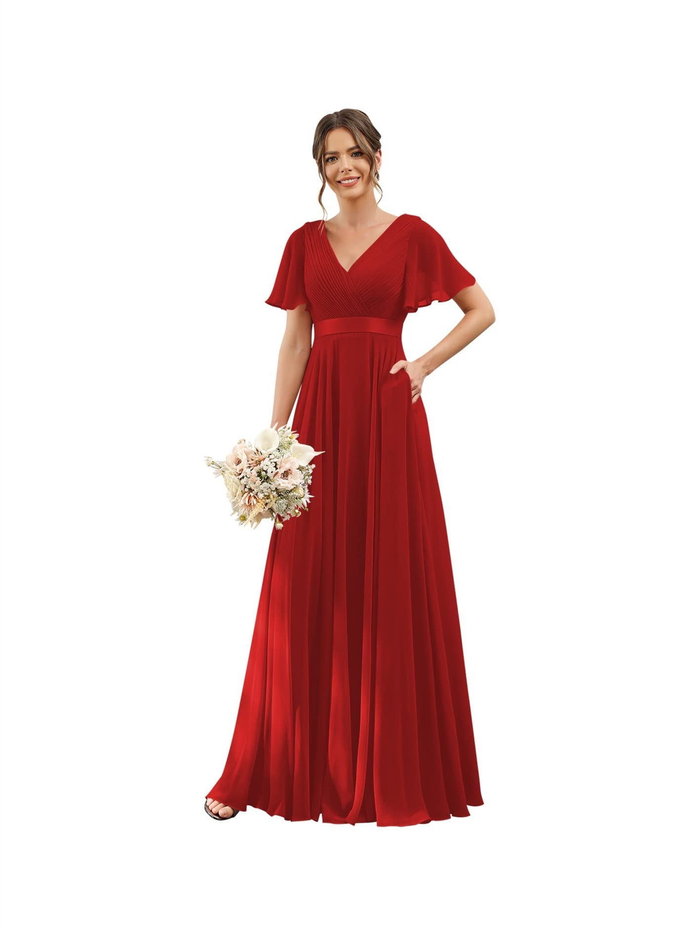 Floor-Length Chiffon Bridesmaid Dresses with V Neck, Flutter Sleeves, and Pockets in A-Line Ruched Design-BMbridal.UK