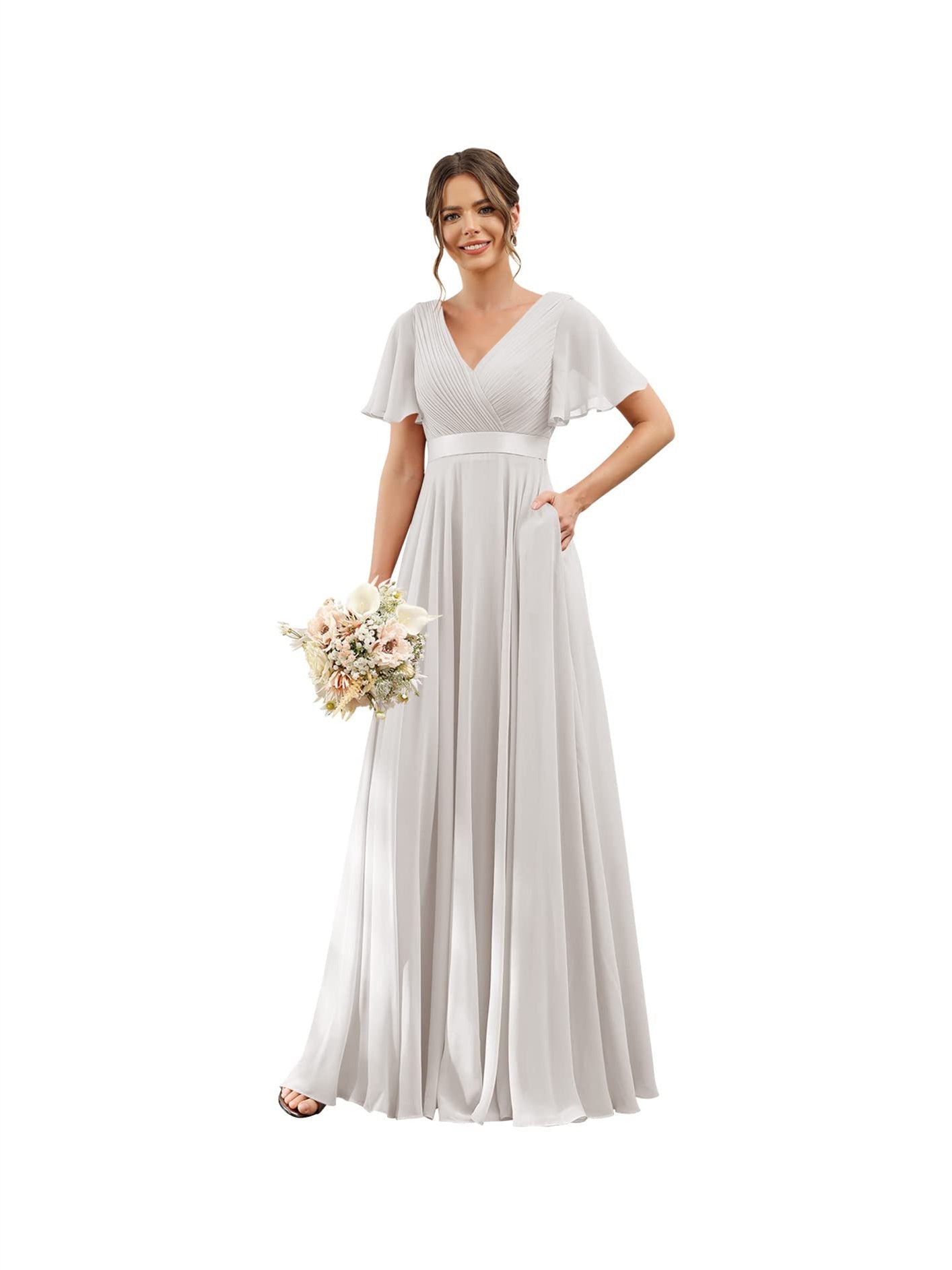Floor-Length Chiffon Bridesmaid Dresses with V Neck, Flutter Sleeves, and Pockets in A-Line Ruched Design-BMbridal.UK