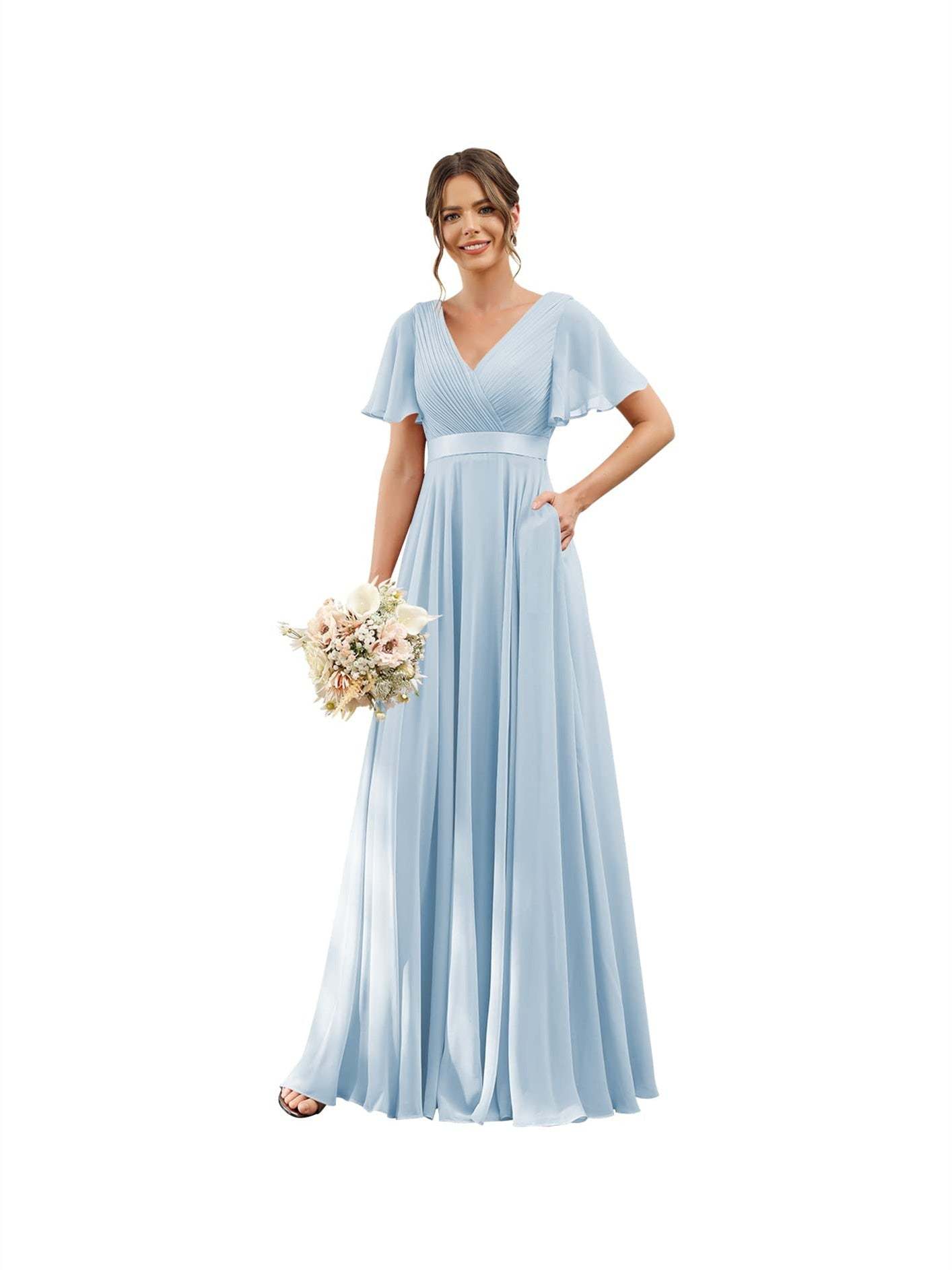 Floor-Length Chiffon Bridesmaid Dresses with V Neck, Flutter Sleeves, and Pockets in A-Line Ruched Design-BMbridal.UK