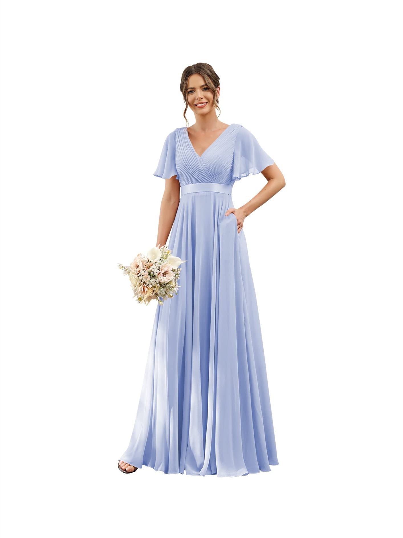 Floor-Length Chiffon Bridesmaid Dresses with V Neck, Flutter Sleeves, and Pockets in A-Line Ruched Design-BMbridal.UK