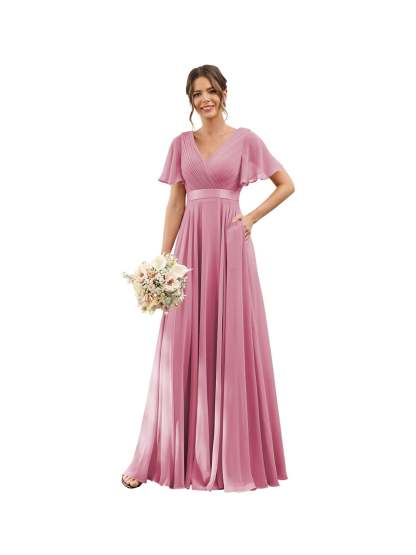 Floor-Length Chiffon Bridesmaid Dresses with V Neck, Flutter Sleeves, and Pockets in A-Line Ruched Design-BMbridal.UK
