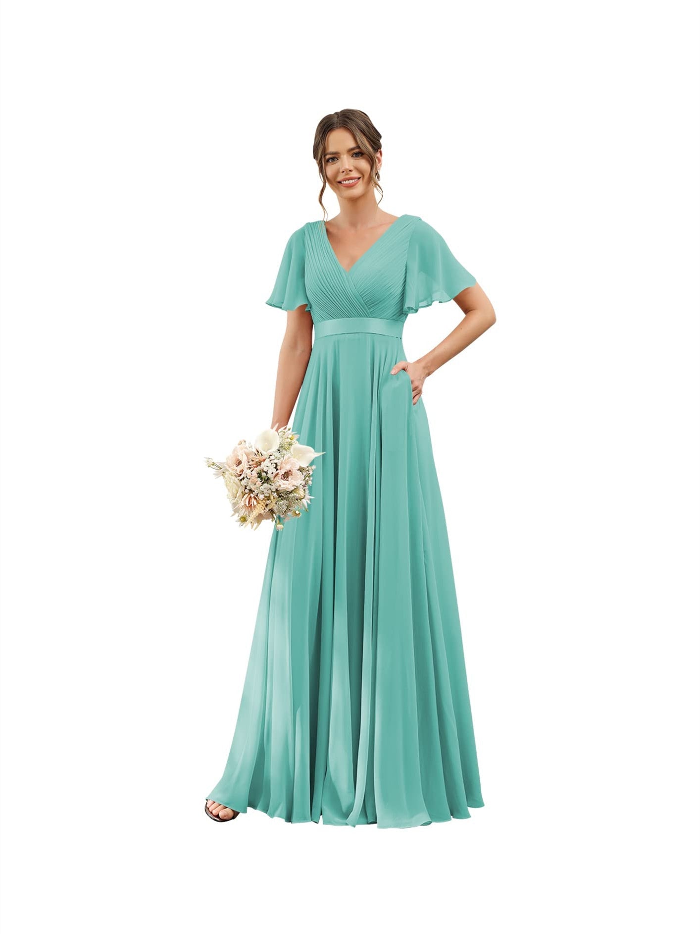 Floor-Length Chiffon Bridesmaid Dresses with V Neck, Flutter Sleeves, and Pockets in A-Line Ruched Design-BMbridal.UK
