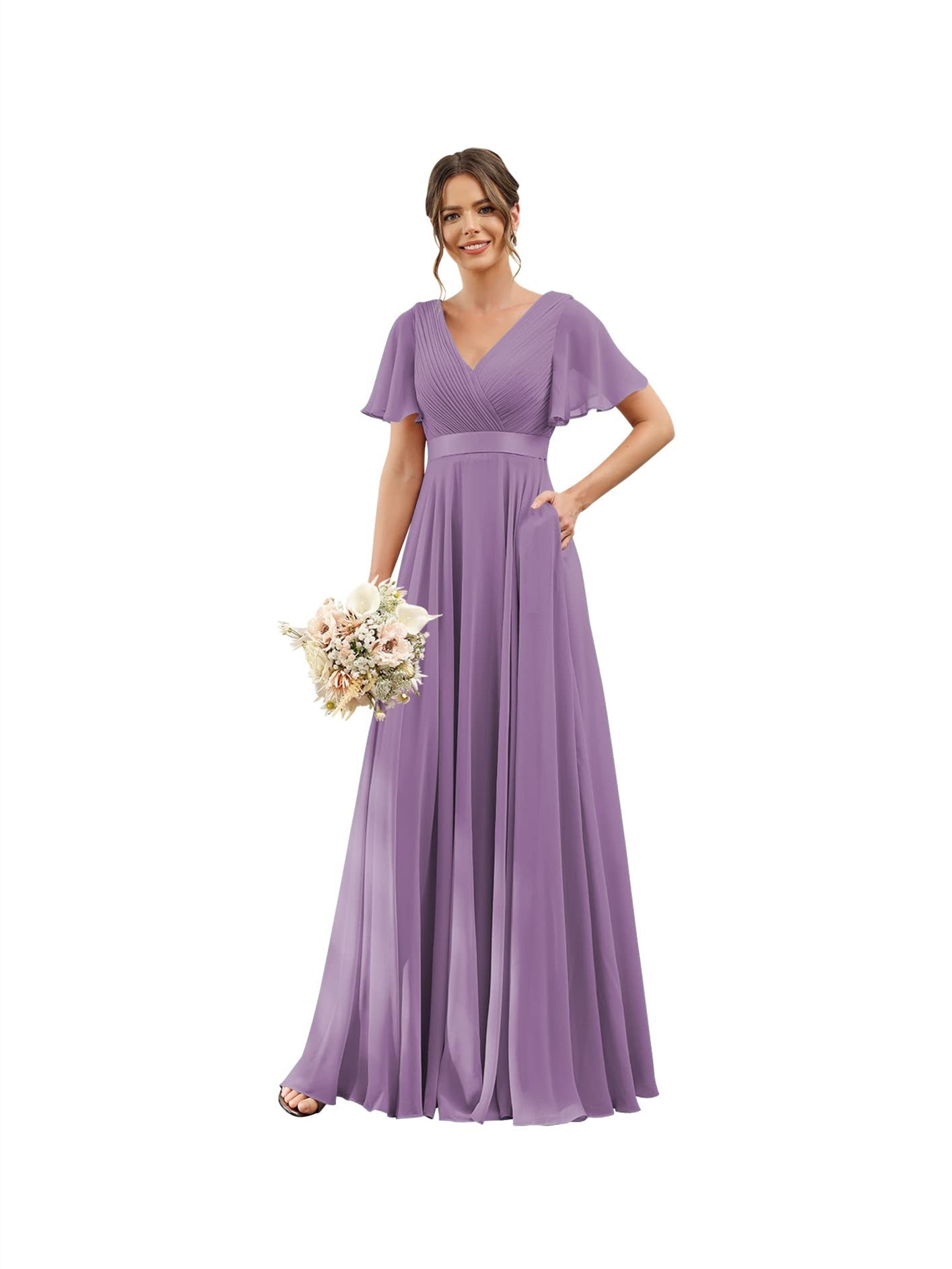 Floor-Length Chiffon Bridesmaid Dresses with V Neck, Flutter Sleeves, and Pockets in A-Line Ruched Design-BMbridal.UK