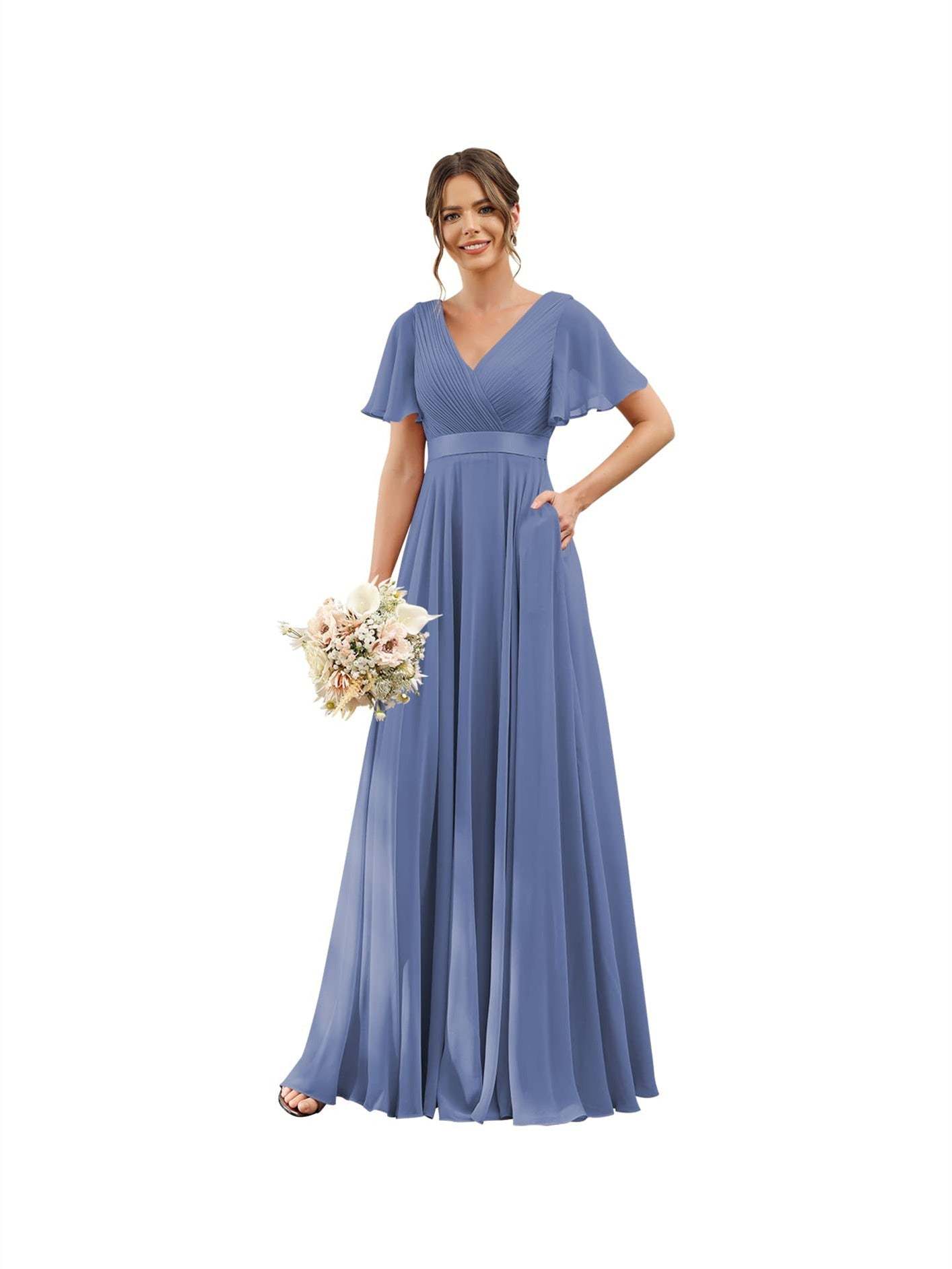 Floor-Length Chiffon Bridesmaid Dresses with V Neck, Flutter Sleeves, and Pockets in A-Line Ruched Design-BMbridal.UK