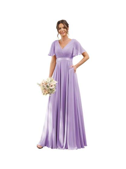 Floor-Length Chiffon Bridesmaid Dresses with V Neck, Flutter Sleeves, and Pockets in A-Line Ruched Design-BMbridal.UK