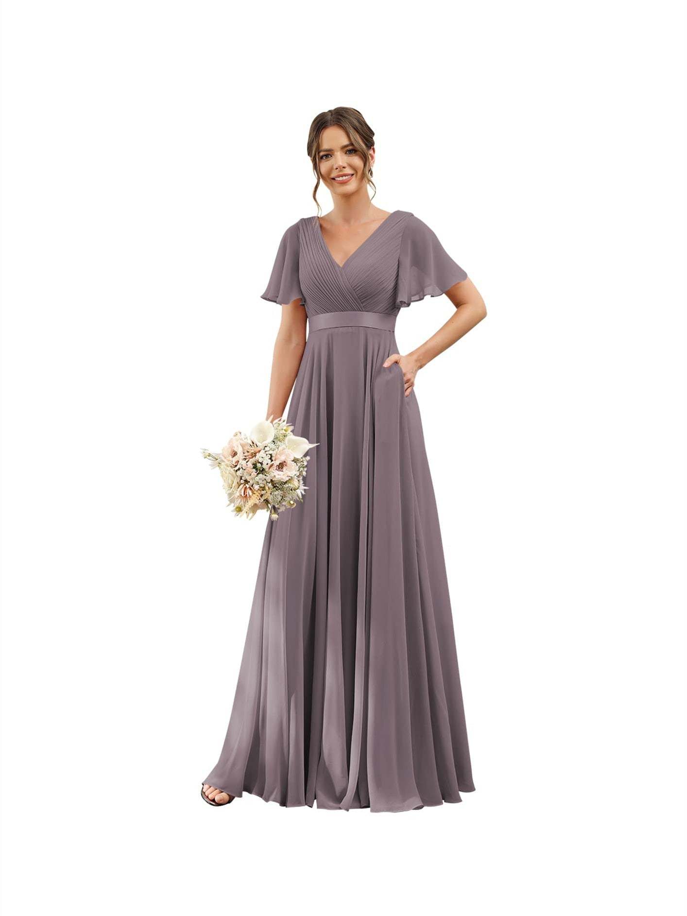 Floor-Length Chiffon Bridesmaid Dresses with V Neck, Flutter Sleeves, and Pockets in A-Line Ruched Design-BMbridal.UK