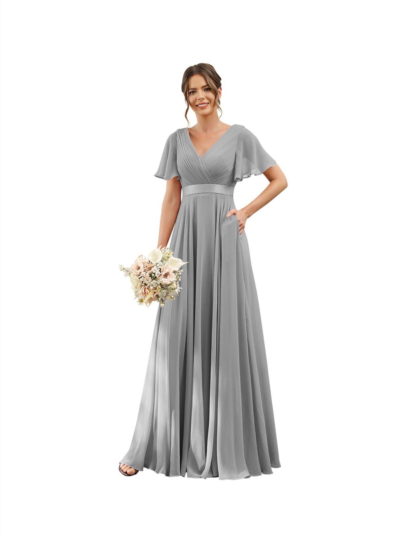 Floor-Length Chiffon Bridesmaid Dresses with V Neck, Flutter Sleeves, and Pockets in A-Line Ruched Design-BMbridal.UK