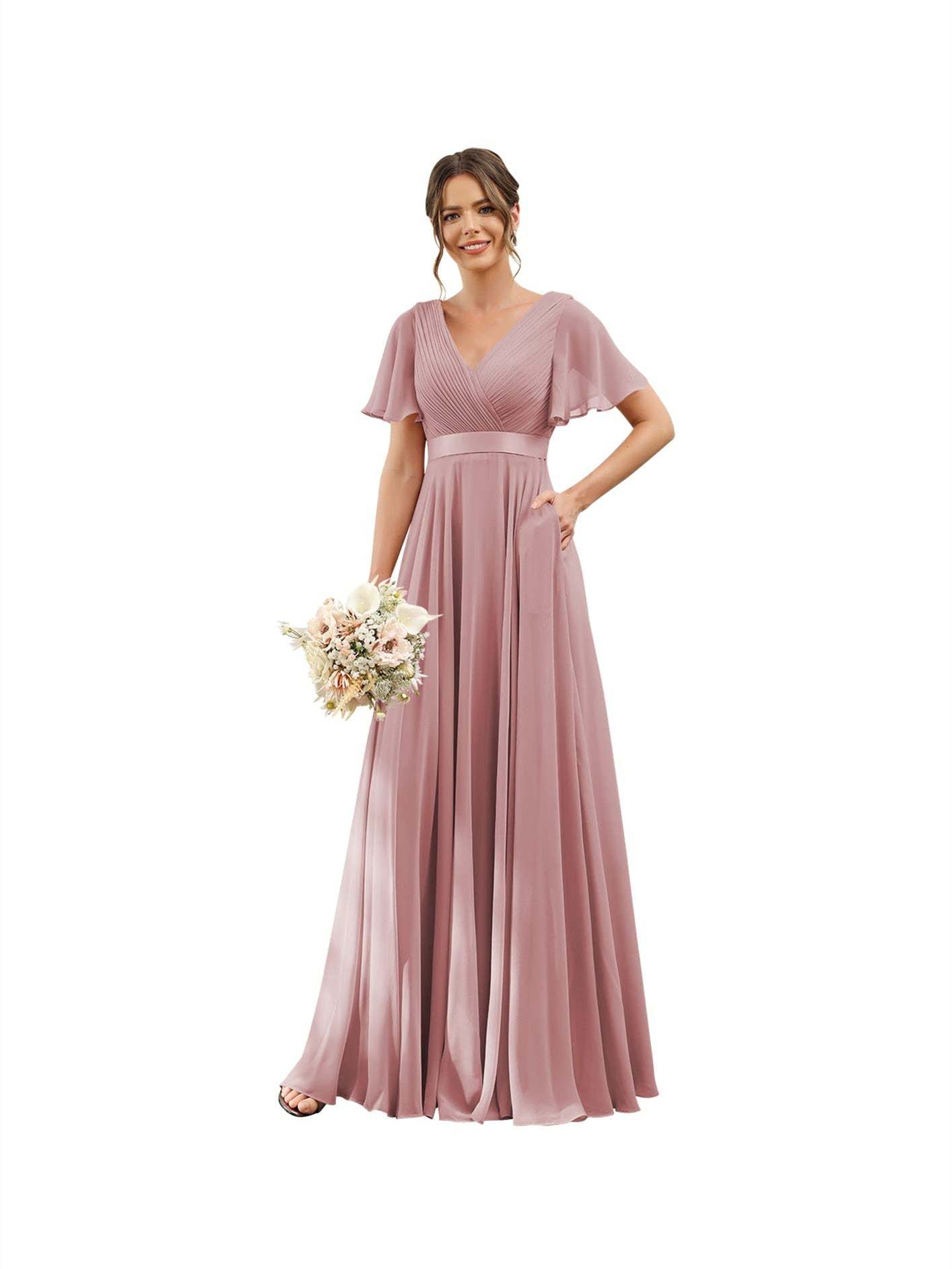 Floor-Length Chiffon Bridesmaid Dresses with V Neck, Flutter Sleeves, and Pockets in A-Line Ruched Design-BMbridal.UK