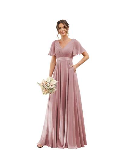 Floor-Length Chiffon Bridesmaid Dresses with V Neck, Flutter Sleeves, and Pockets in A-Line Ruched Design-BMbridal.UK
