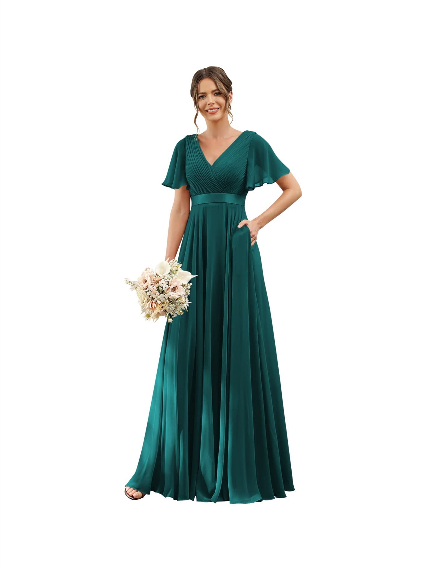 Floor-Length Chiffon Bridesmaid Dresses with V Neck, Flutter Sleeves, and Pockets in A-Line Ruched Design-BMbridal.UK